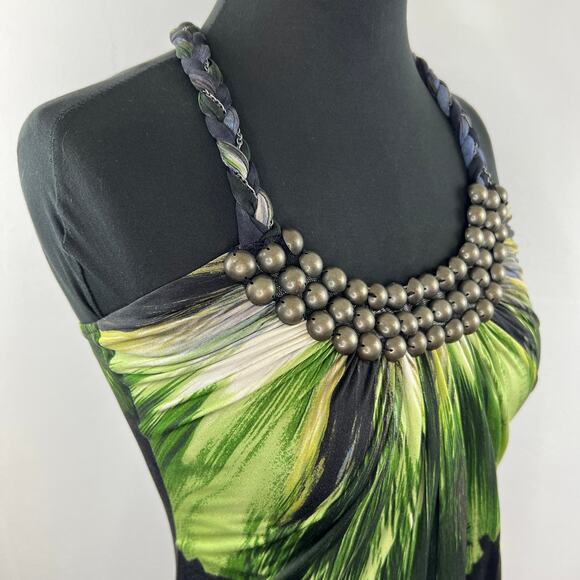 SKY Black Multi Abstract Silk Braided Halter Beaded Sleeveless Top VTG Y2K XS - Picture 2 of 7